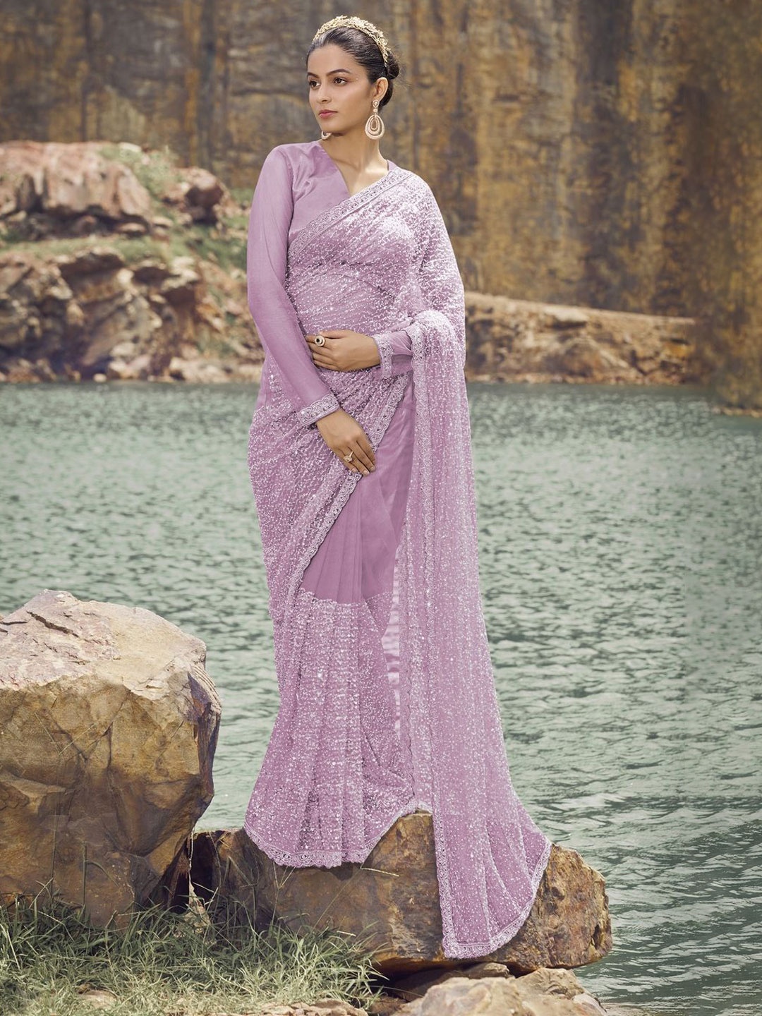 

Suha Embellished Beads and Stones Net Designer Saree, Lavender