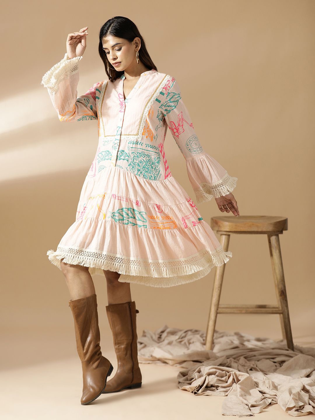 

Mugo Bell Sleeve Fit and Flare Tiered Printed dress, Peach