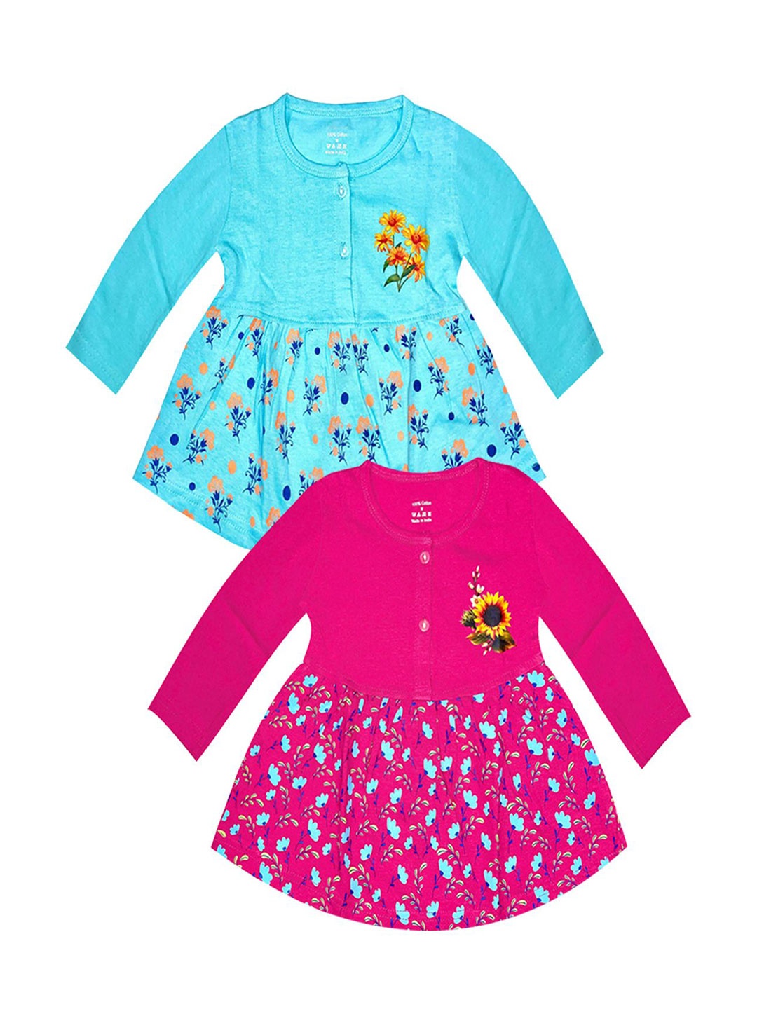 

KidzzCart Girls Pack Of 2 Floral Printed Fit & Flare Cotton Dress, Blue