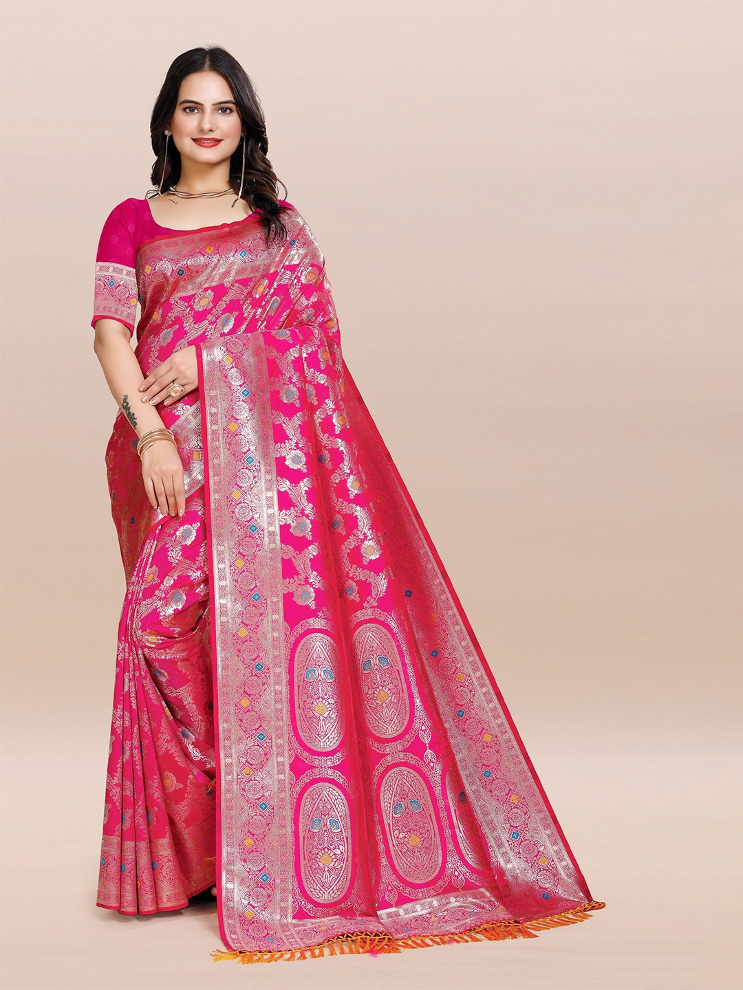 

TORONFRAS Floral Woven Design Banarasi Saree, Pink