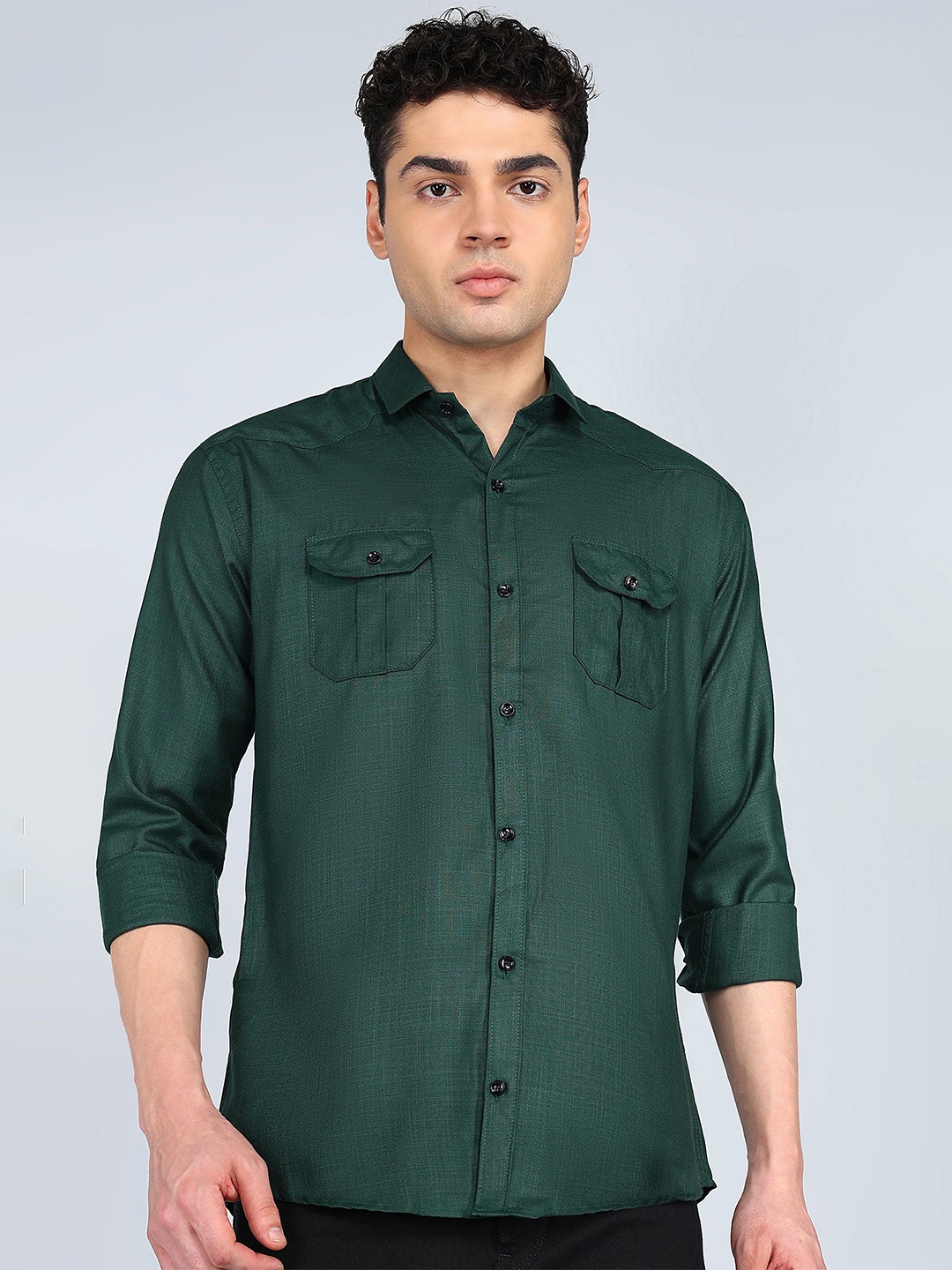 

KHUSHI CREATION Men Original Fit Spread Collar Solid Cotton Casual Shirt, Olive