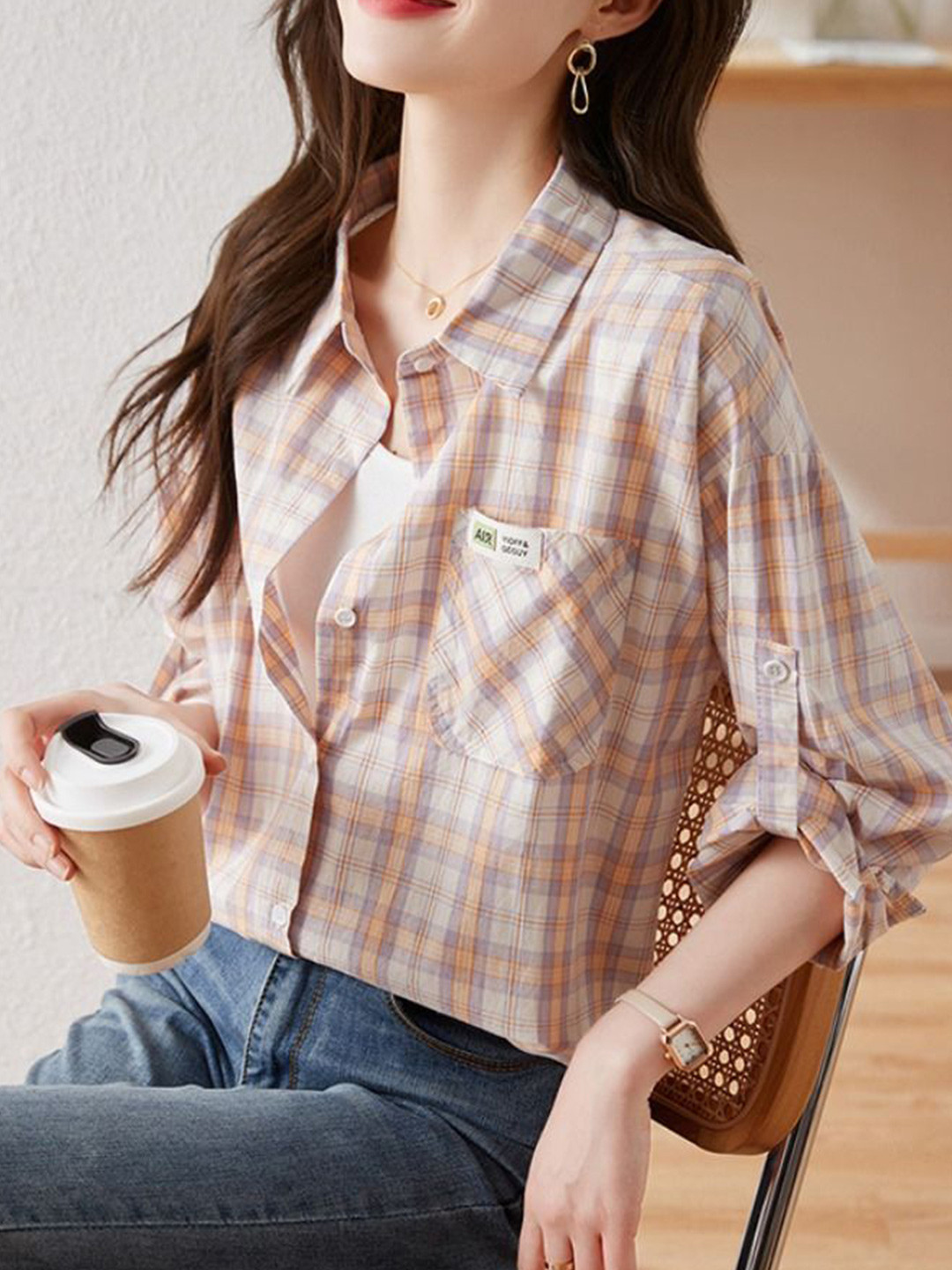 

StyleCast Women Spread Collar Solid Cotton Casual Shirt, Beige