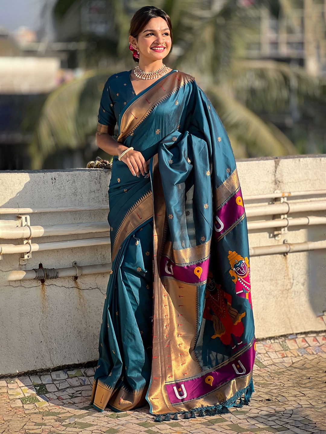 

MySilkLove Woven Design Silk Blend Paithani Saree, Blue