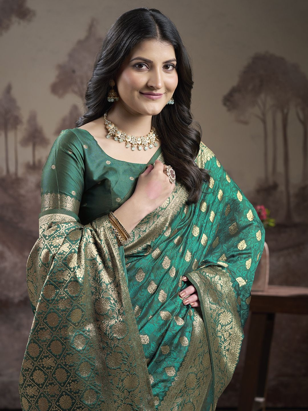 

Ethnielle Woven Design Zari Pure Silk Saree, Green