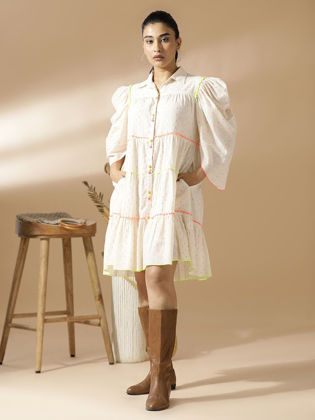 

Mugo Embroidered Cowl Sleeve Tiered Shirt Dress, Off white