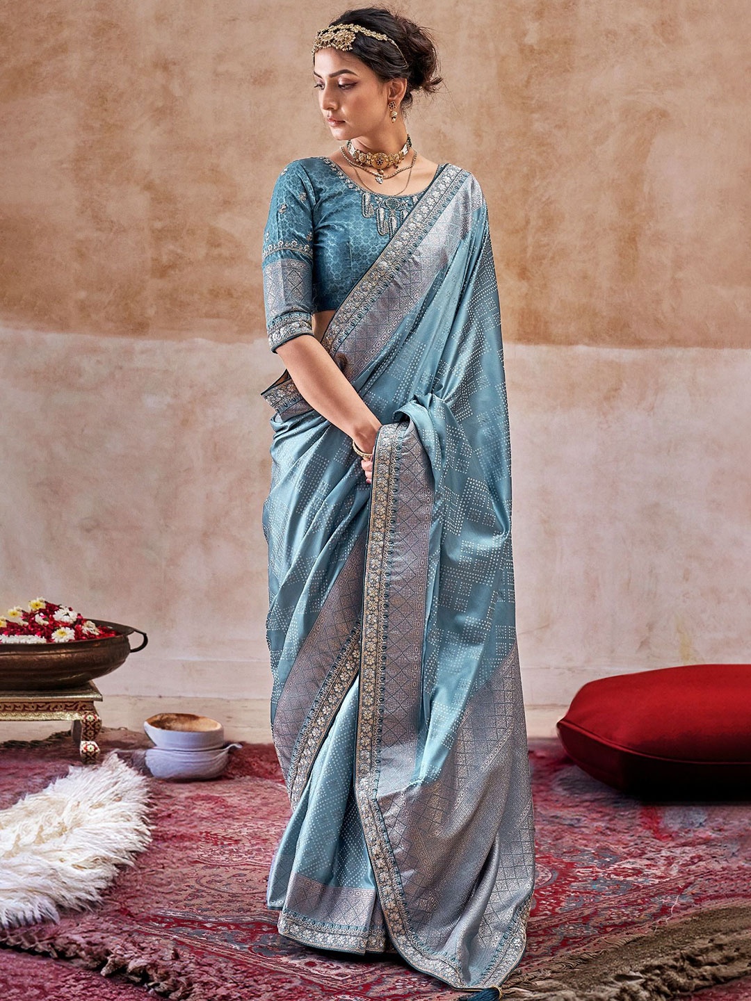 

MySilkLove Bandhani Embroidered Saree, Blue