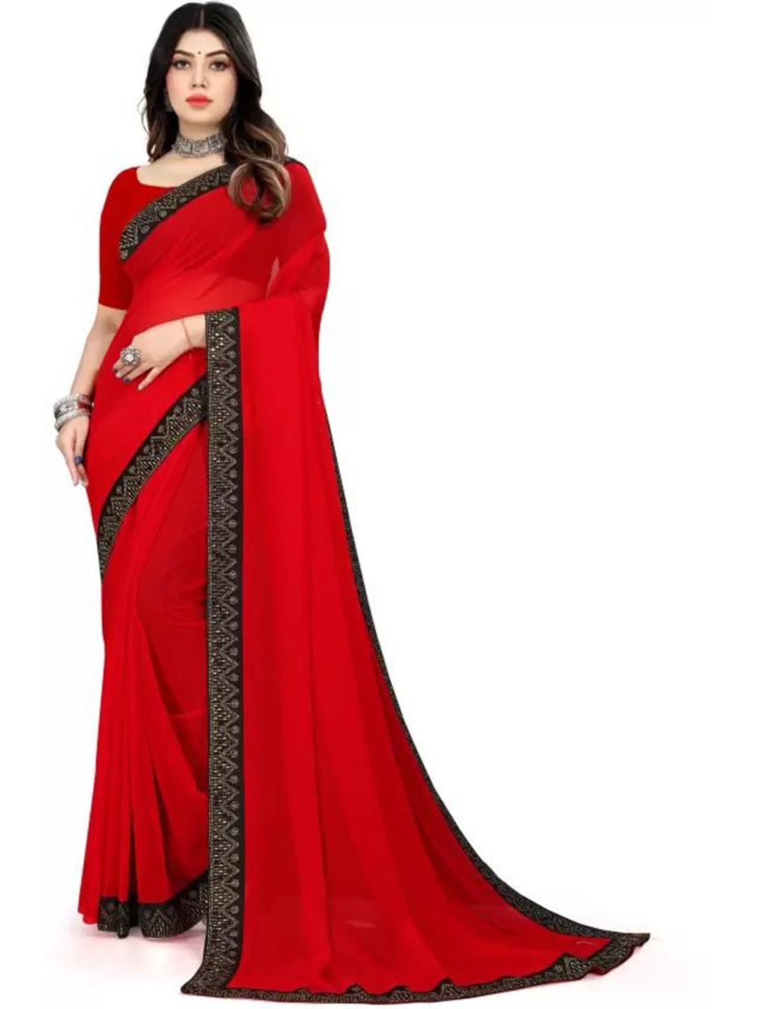 

KALINI Embroidered Border Pure Georgette Saree, Red