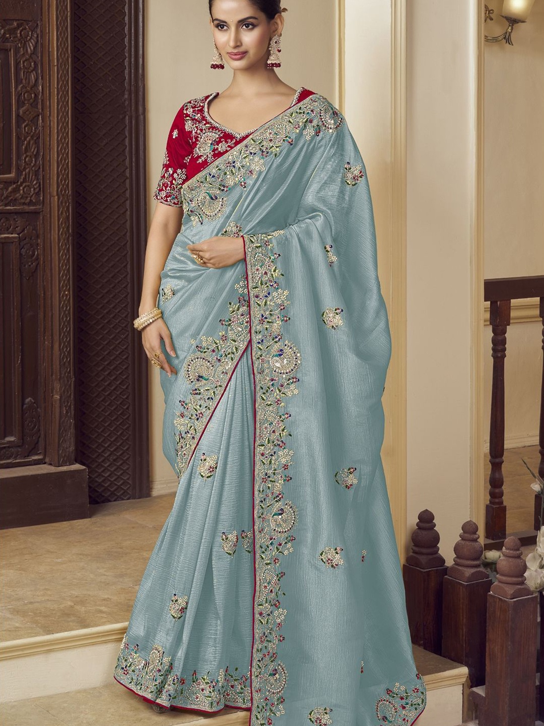 

Suha Sequinned Ethnic Motifs Embroidered Pure Georgette Saree, Turquoise blue