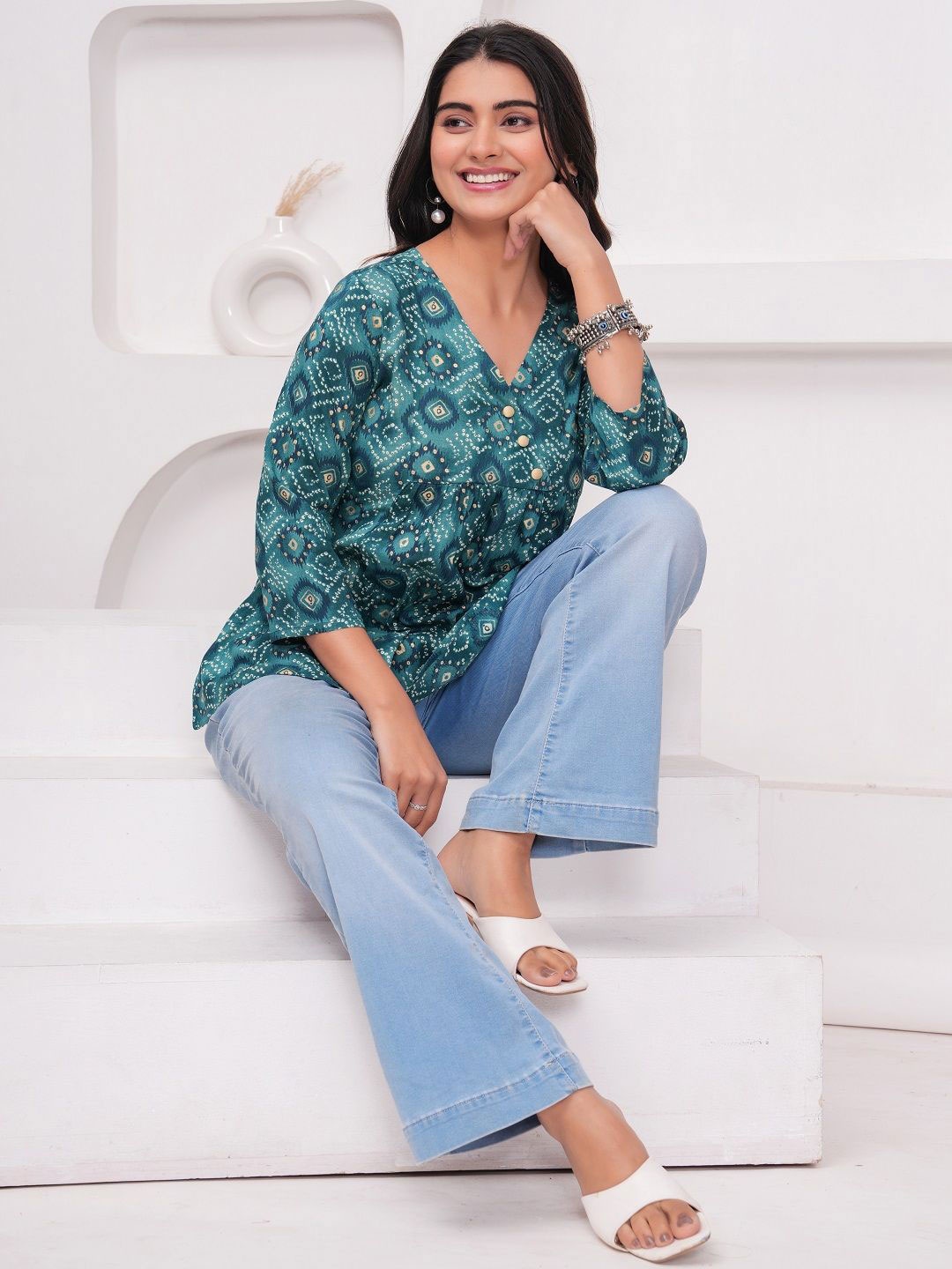 

KBZ Women Floral Printed Top, Turquoise blue