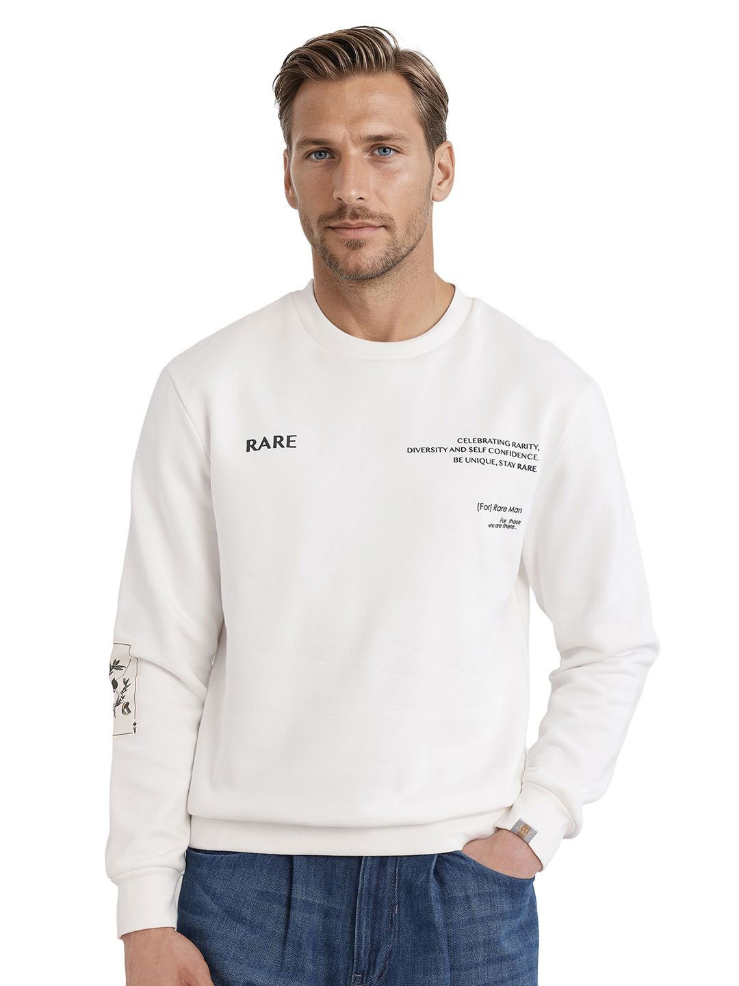 

RARE RABBIT Men Cotton Typography Printed Pullover Sweatshirt, White