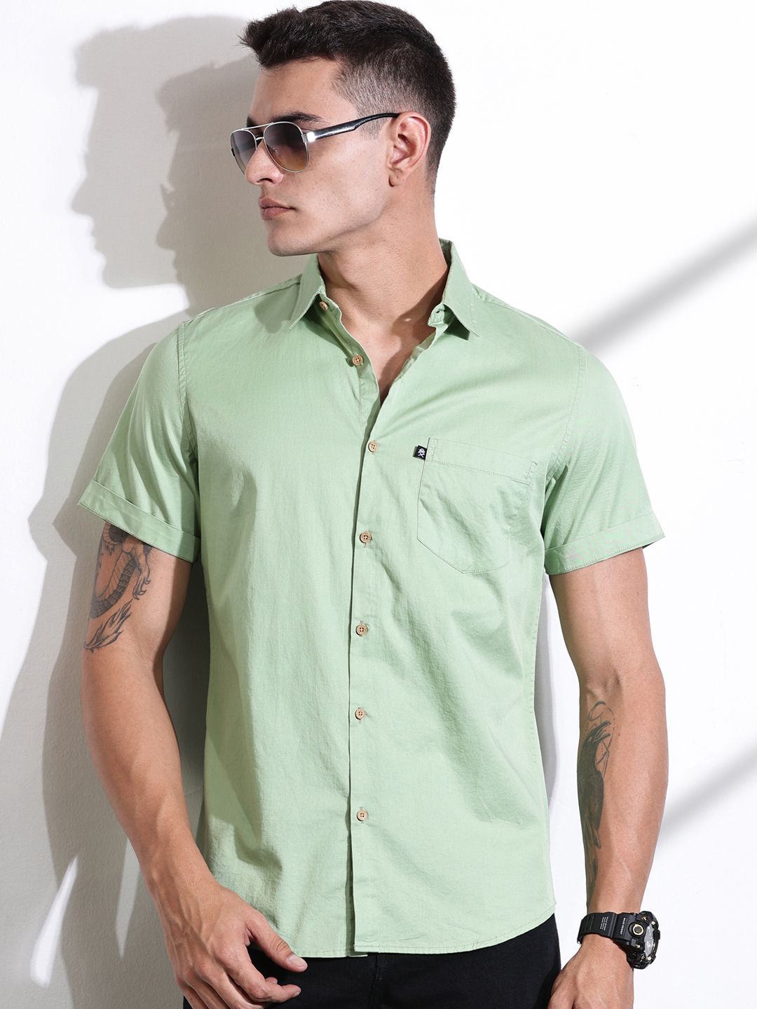 

Thomas Scott Men Classic Slim Fit Spread Collar Solid Cotton Casual Shirt, Green