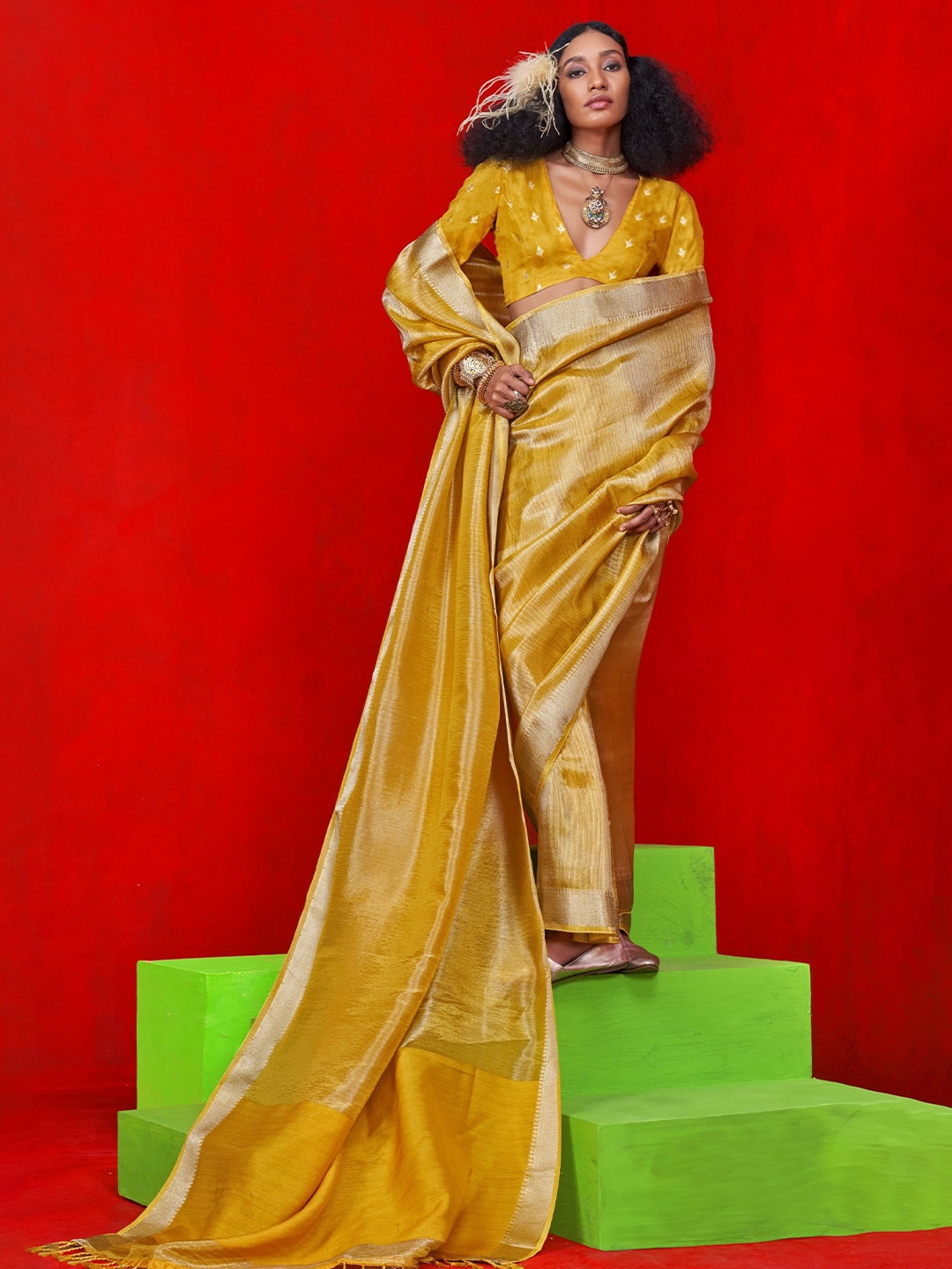 

PEENGAX Woven Design Zari Tissue Designer Chanderi Saree, Yellow