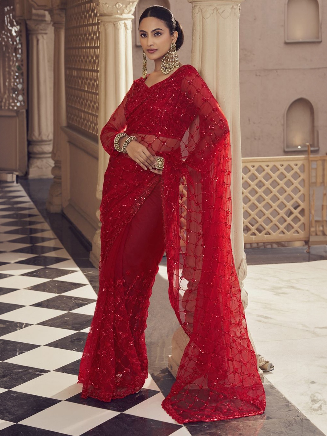 

Suha Embellished Beads and Stones Saree, Red