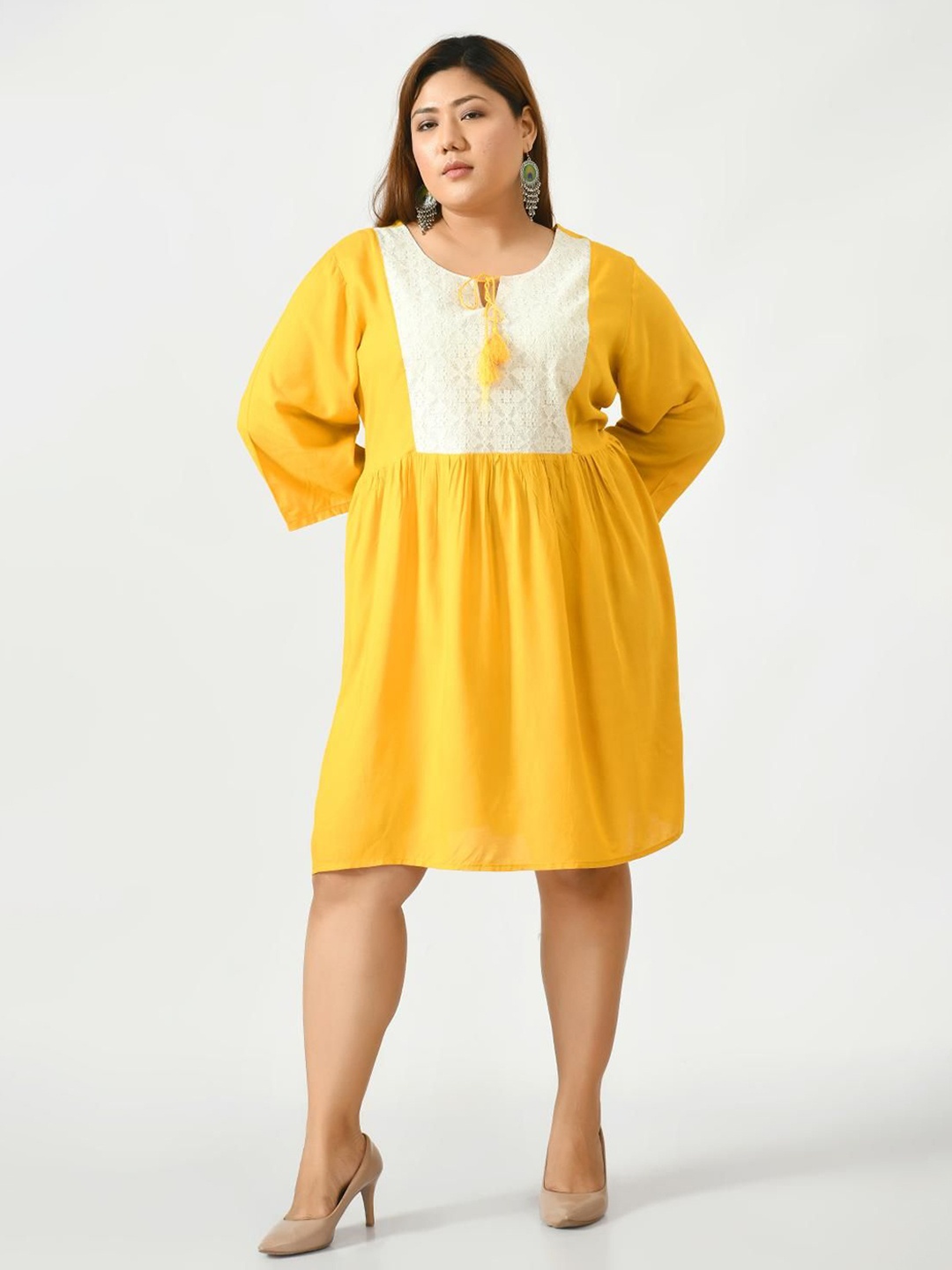 

VAAMII Women Plus Size Embroidered Pure Cotton Fit & Flare Dress, Mustard