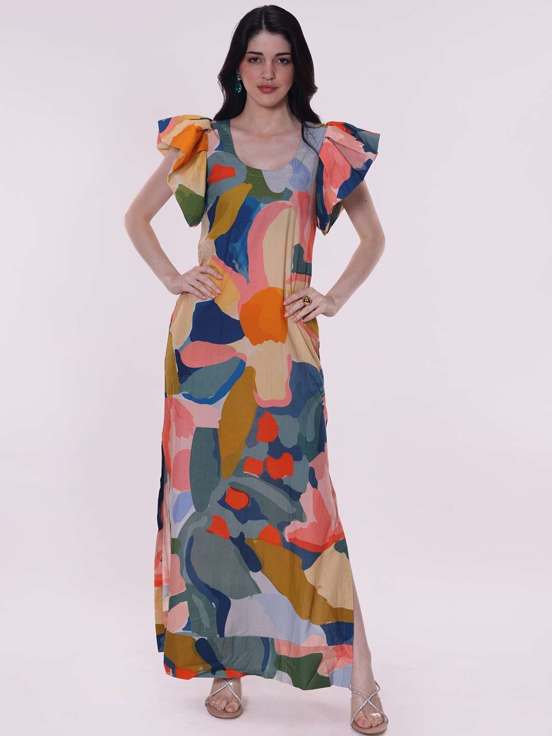 

POPPI Nova Abstract Printed Flutter Sleeve Cotton Maxi Dress, Blue