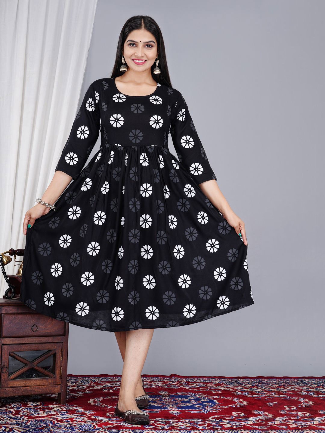 

Loyster Women Floral Printed Gown Ethnic Dresses, Black