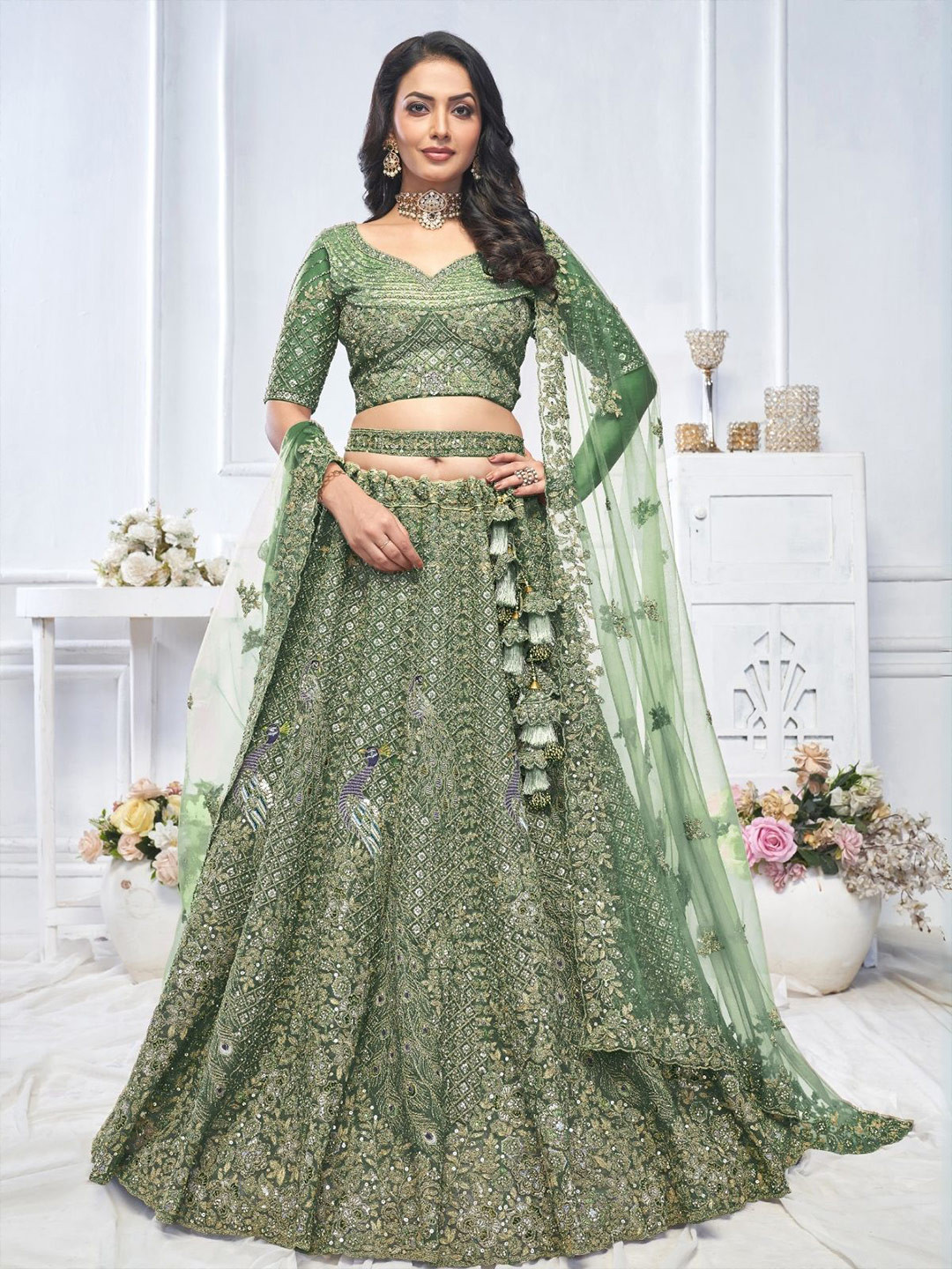 

ODETTE Embroidered Net Semi-Stitched Lehenga & Unstitched Blouse With Dupatta, Green