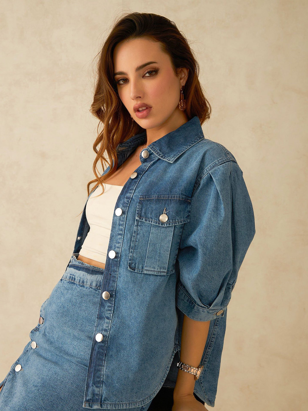 

Virgio Women Denim Shirt Collar Regular Length Solid Regular Sleeve Shirt, Blue