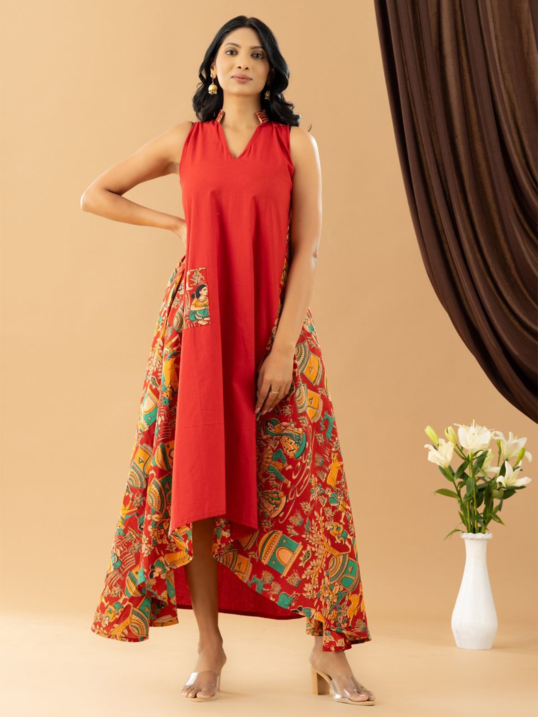 

HANDIKART Ethnic Motifs Print A-Line Maxi Dress, Red