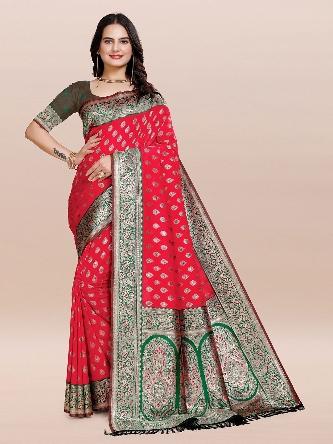 

TORONFRAS Woven Design Zari Banarasi Saree, Red