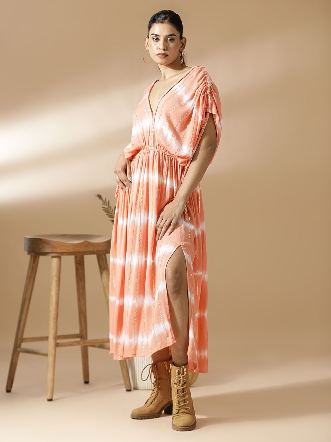 

Mugo Tie and Dye Flared Sleeve Kaftan Midi Dress, Peach