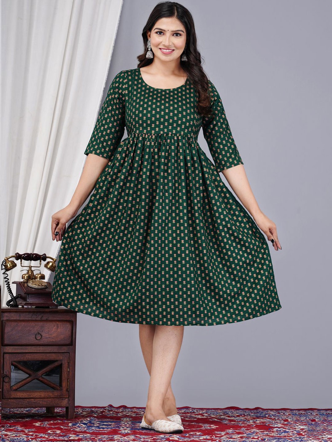

Loyster Women Floral Printed Fit and Flare Maternity Dress, Green