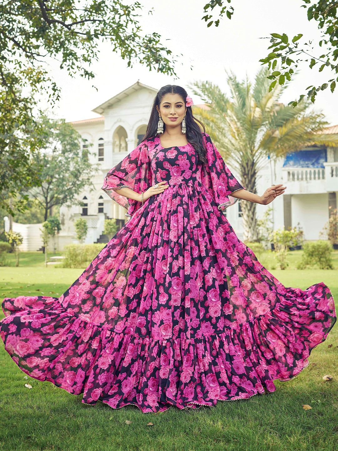 

Chandbaali Floral Print Bell Sleeve Georgette Fit & Flare Maxi Dress, Pink