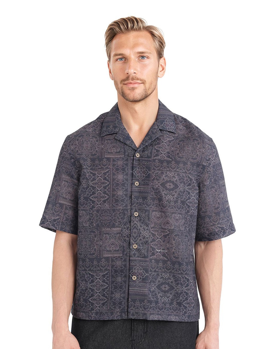 

RARE RABBIT Men Comfort Boxy Opaque Printed Casual Shirt, Navy blue