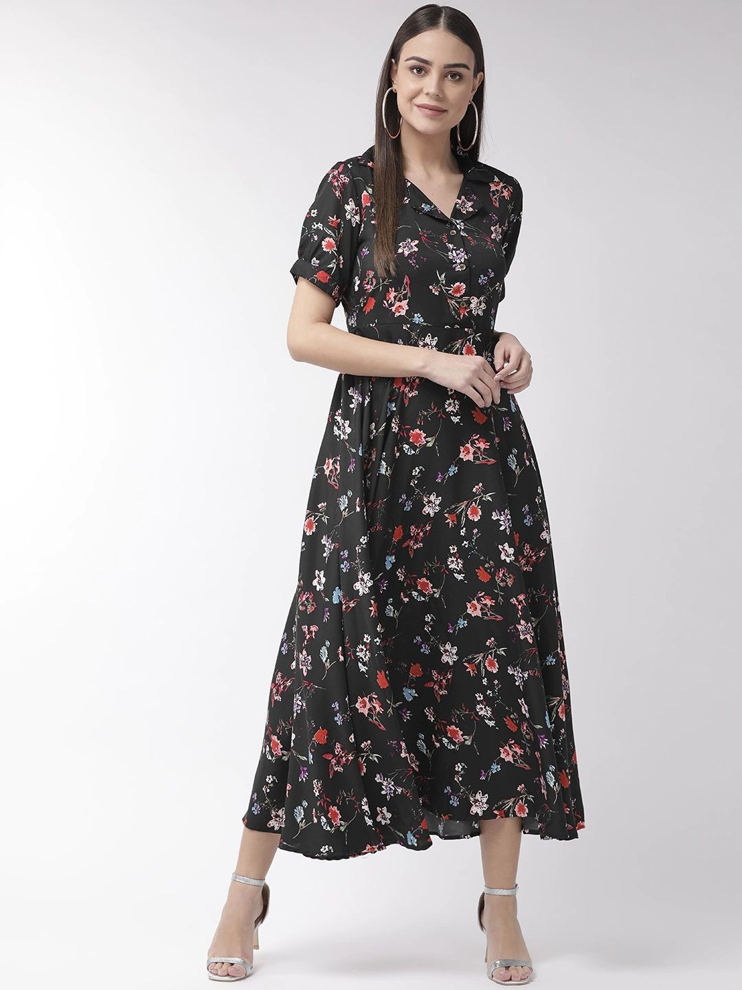 

Moda Rapido Floral Print Puff Sleeve Crepe Maxi Dress, Black