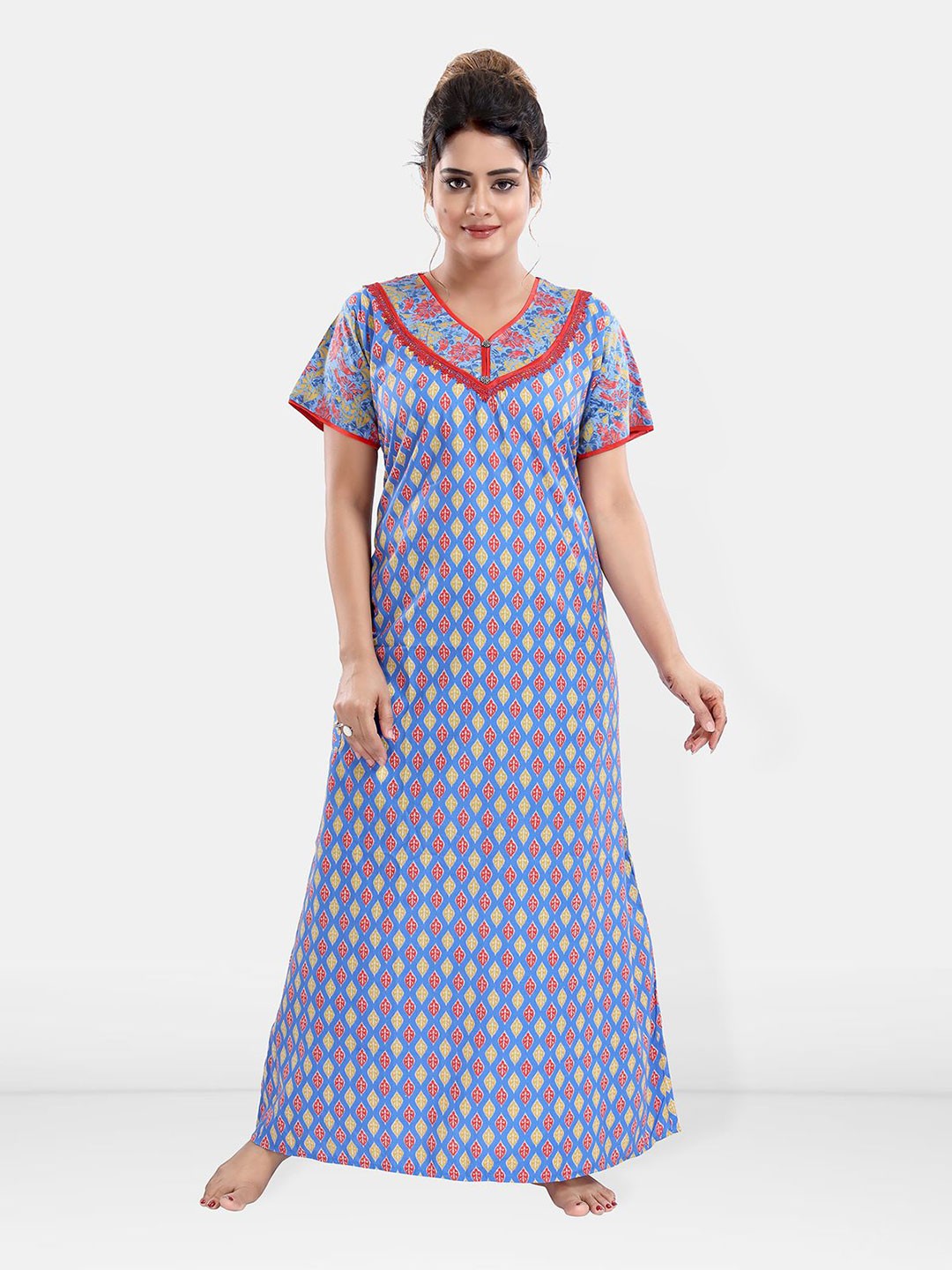 

Be You Women Printed Pure Cotton Maxi Nightdress, Blue