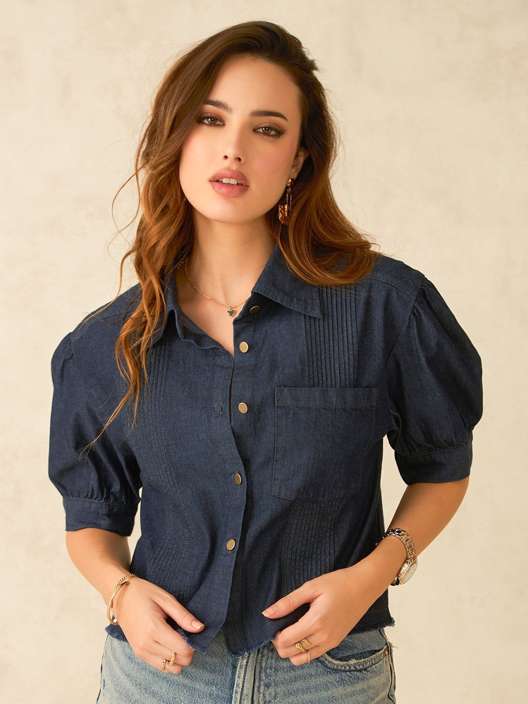 

Virgio Women Denim Shirt Collar Cropped Length Solid Puff Shirt, Blue