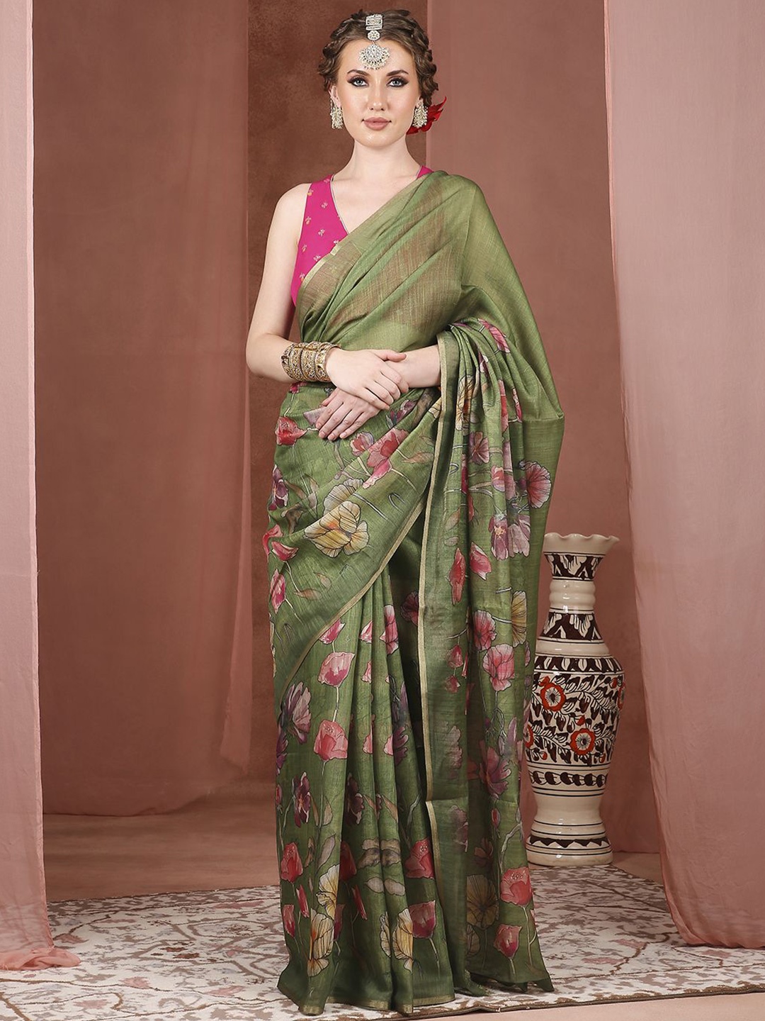 

JUST FASHION Floral Zari Banarasi Saree, Green