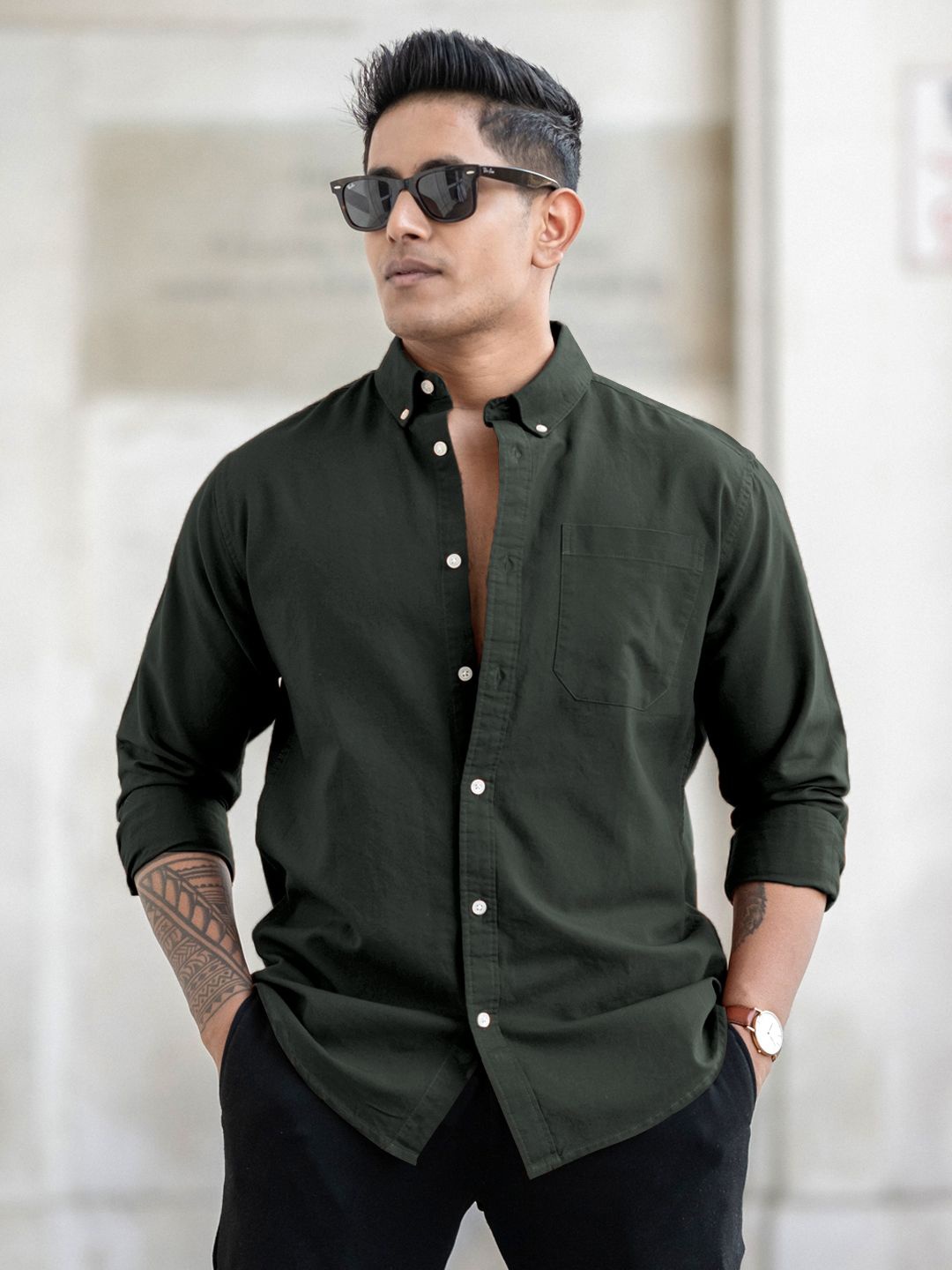 

Powerlook Men Button-Down Collar Solid Cotton Casual Shirt, Olive