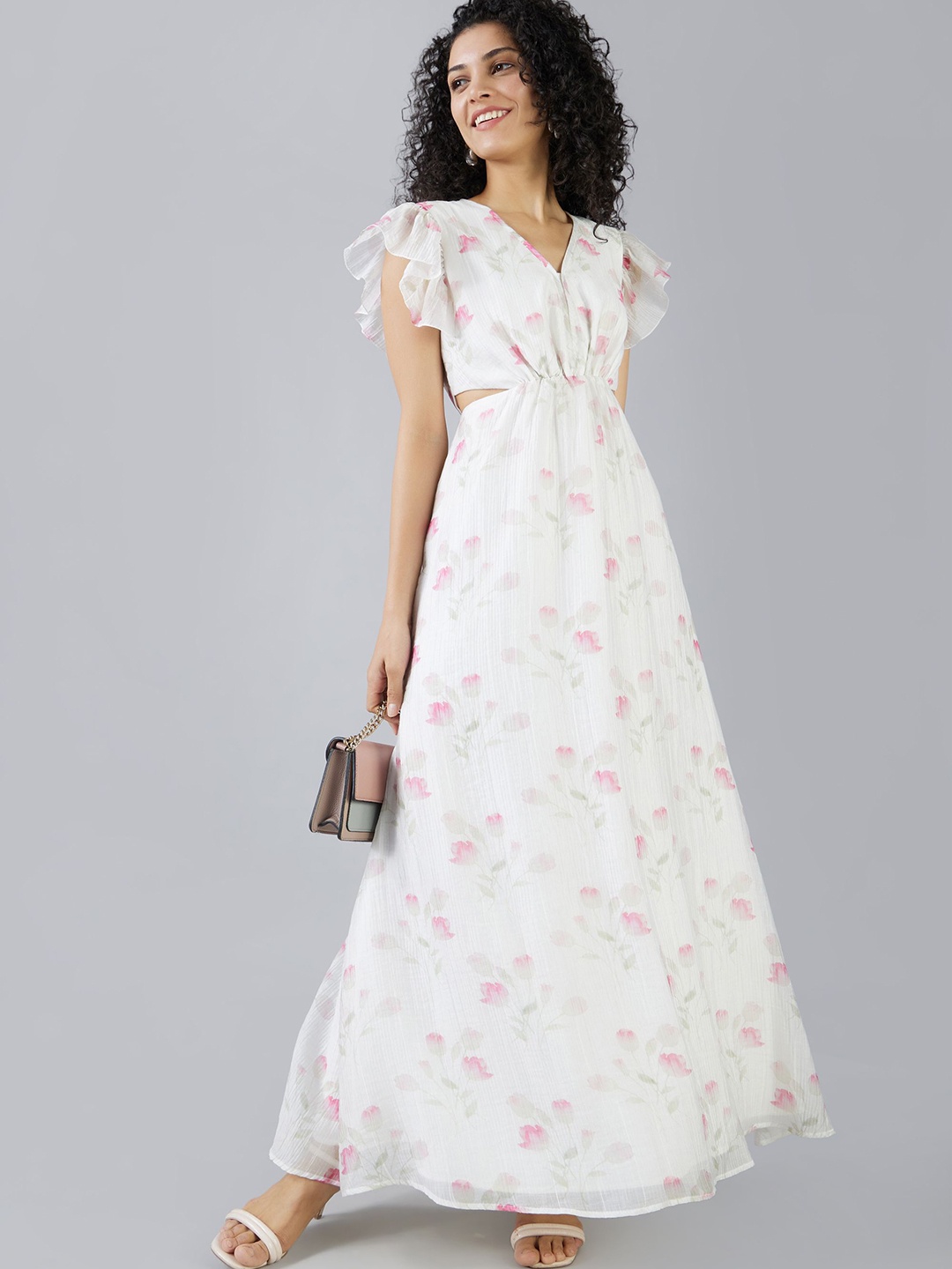 

MISH X Floral Print Flared Sleeve Ruffled Fit & Flare Maxi Dress, Off white