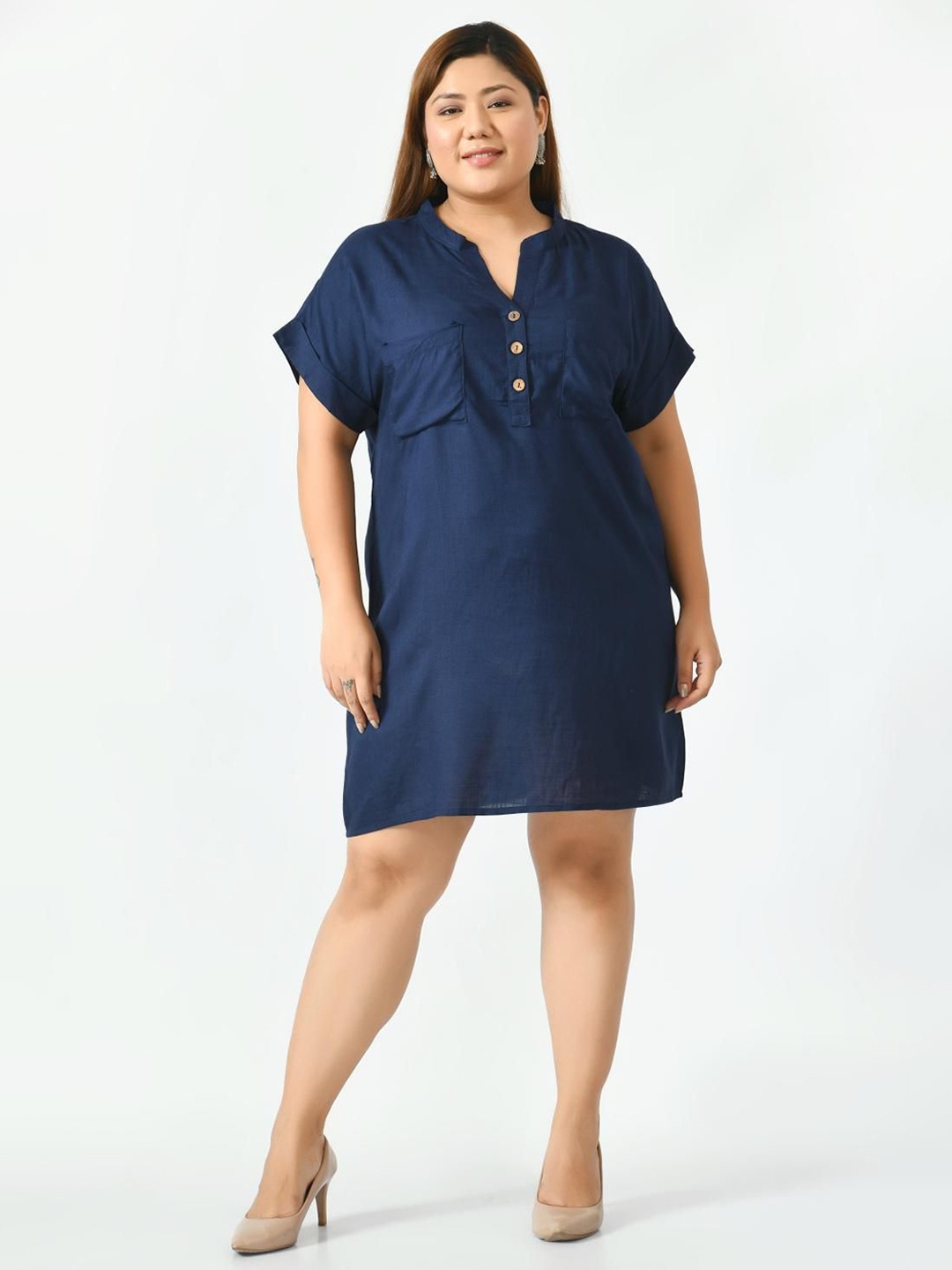 

VAAMII Women Plus Size Mandarin Collar A-Line Dress, Navy blue