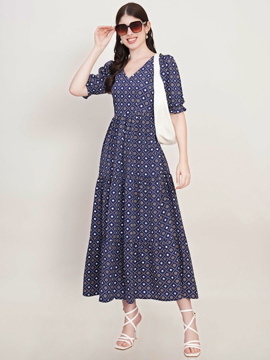 

Moda Rapido Ethnic Motifs Print Puff Sleeve Crepe A-Line Maxi Dress, Navy blue