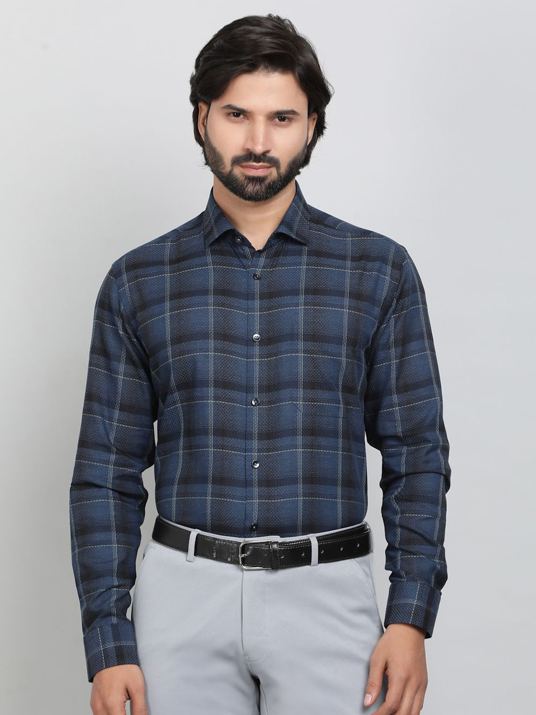 

METAL Men Slim Fit Tartan Checks Opaque Checked Formal Shirt, Blue
