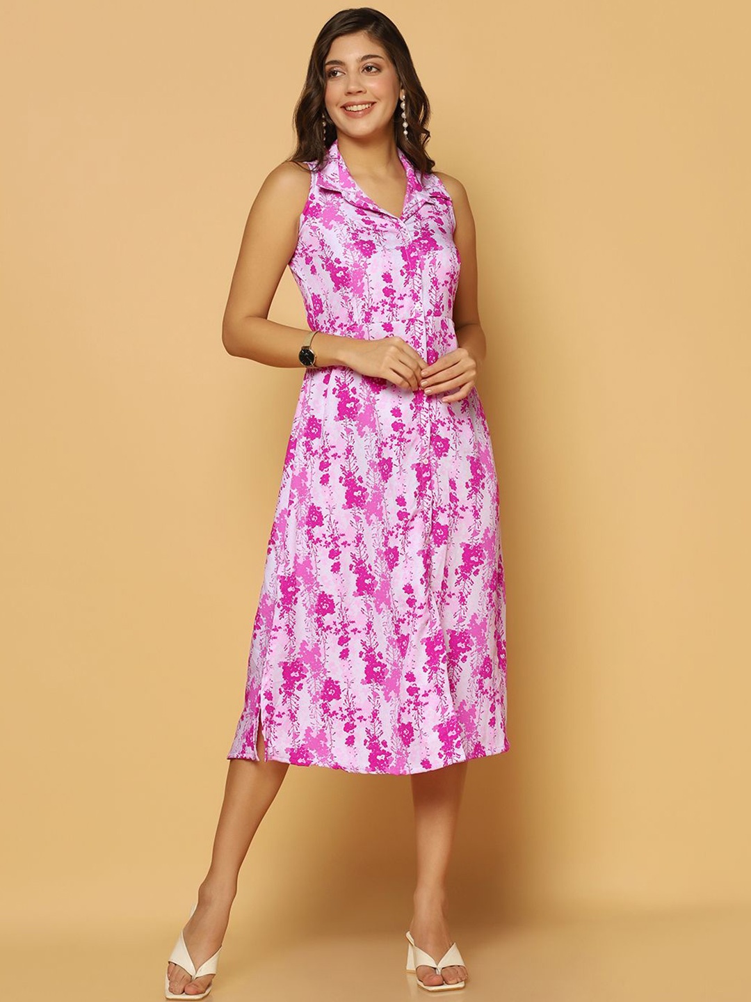 

BAESD Women Floral Printed A-Line Midi Dress, Pink