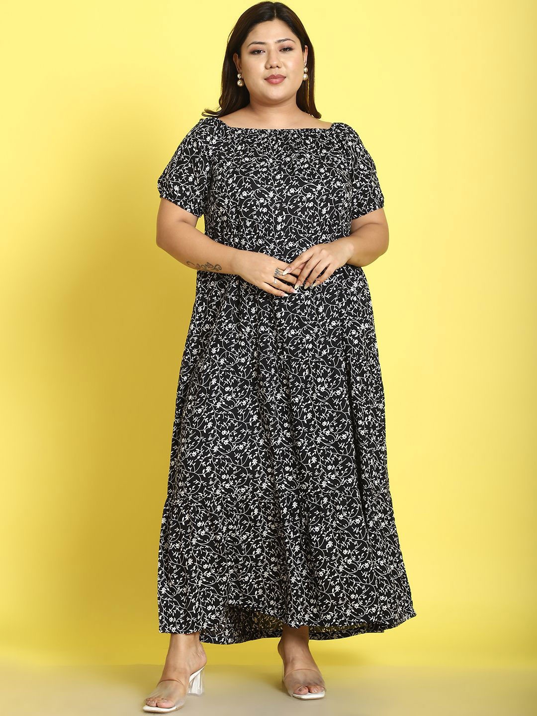 

theRebelinme Women Floral Printed A-Line Maxi Dress, Black
