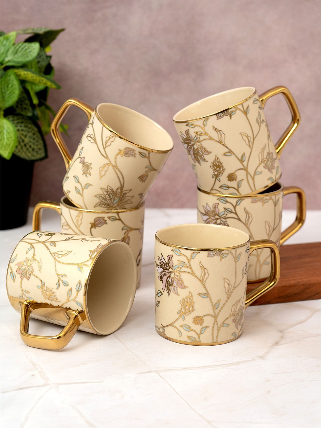 

CLAY CRAFT Beige & Gold Toned 6 Pieces Floral Printed Ceramic Glossy Cups 215ml