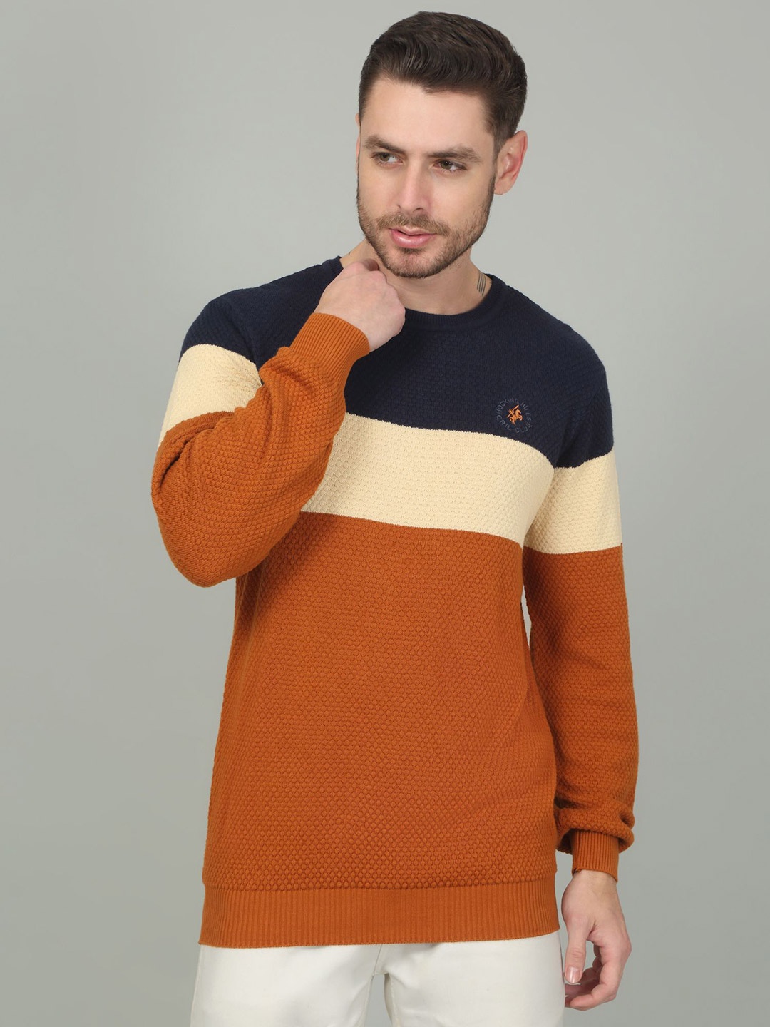 

Cantabil Men Striped Cotton Pullover, Tan