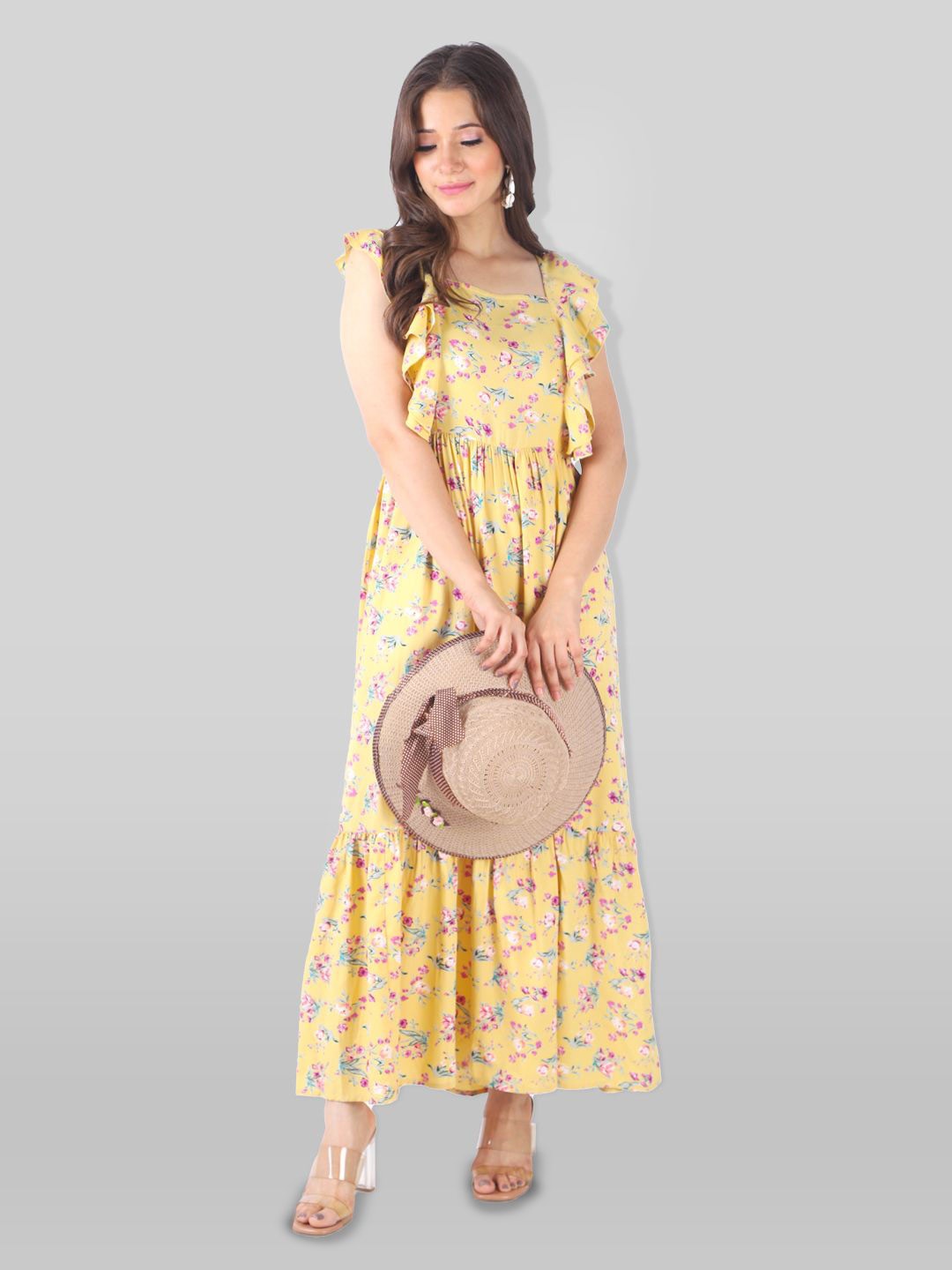 

DressBerry Floral Print Off-Shoulder Flutter Sleeve Maxi Dress, Yellow