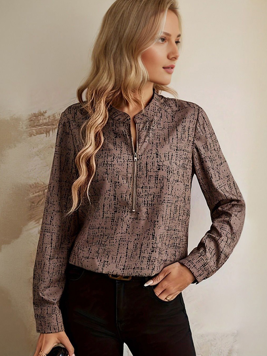 

StyleCast Women Mandarin Collar Top, Brown
