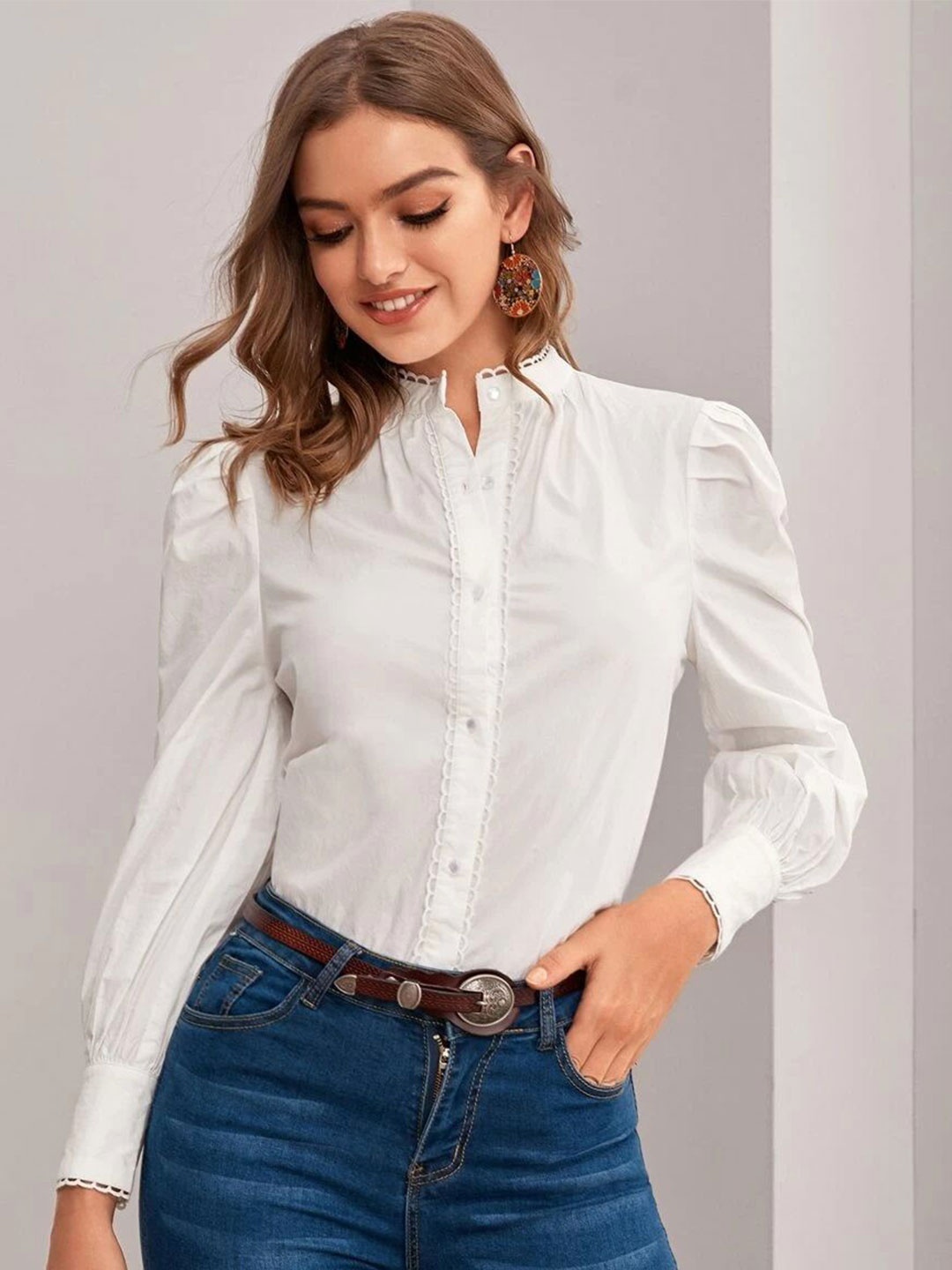 

MIZAGO Women Classic Slim Fit Mandarin Collar Solid Cotton Casual Shirt, White