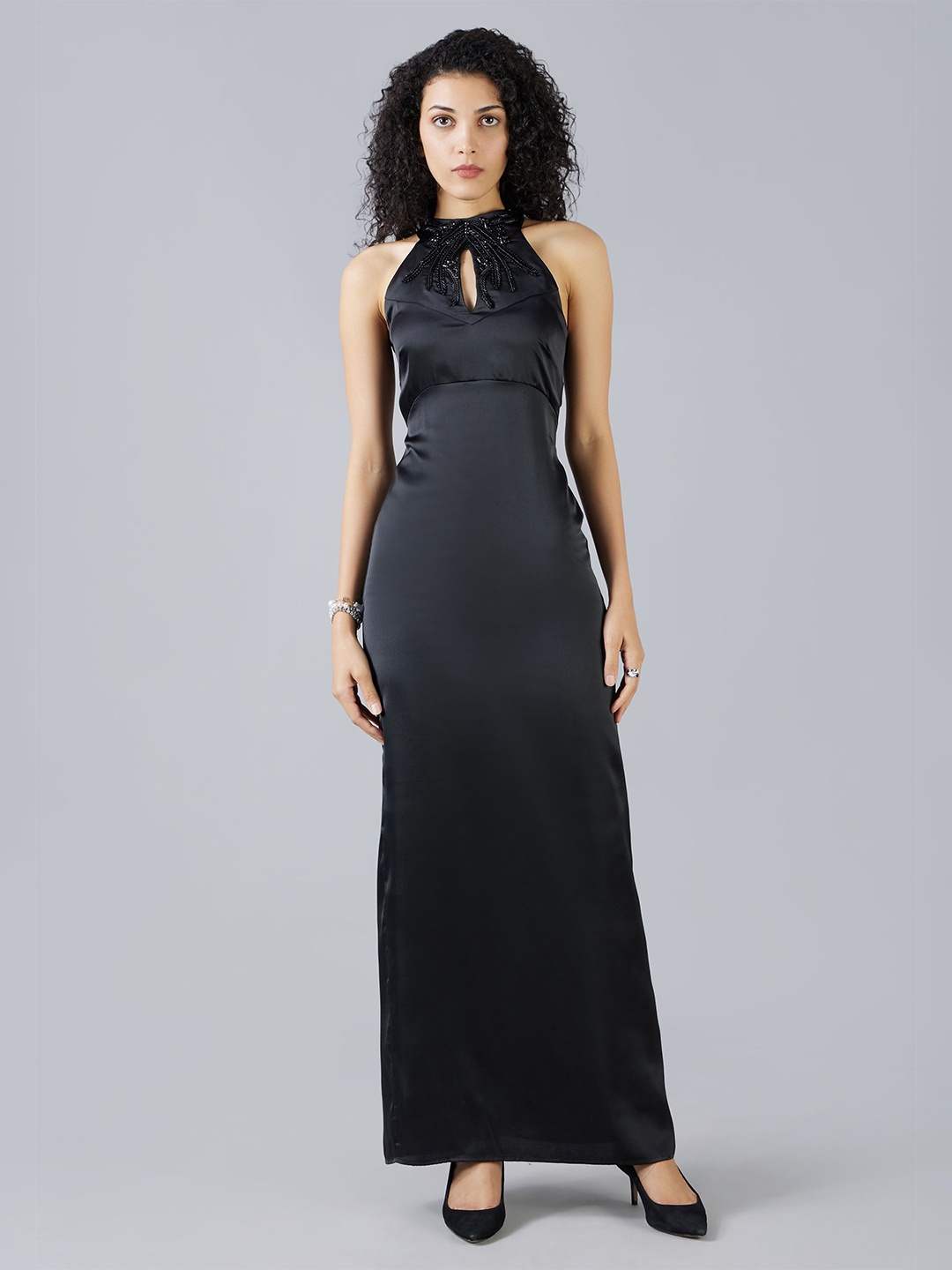 

MISH X Women Embellished Halter Neck Satin Maxi Dress, Black