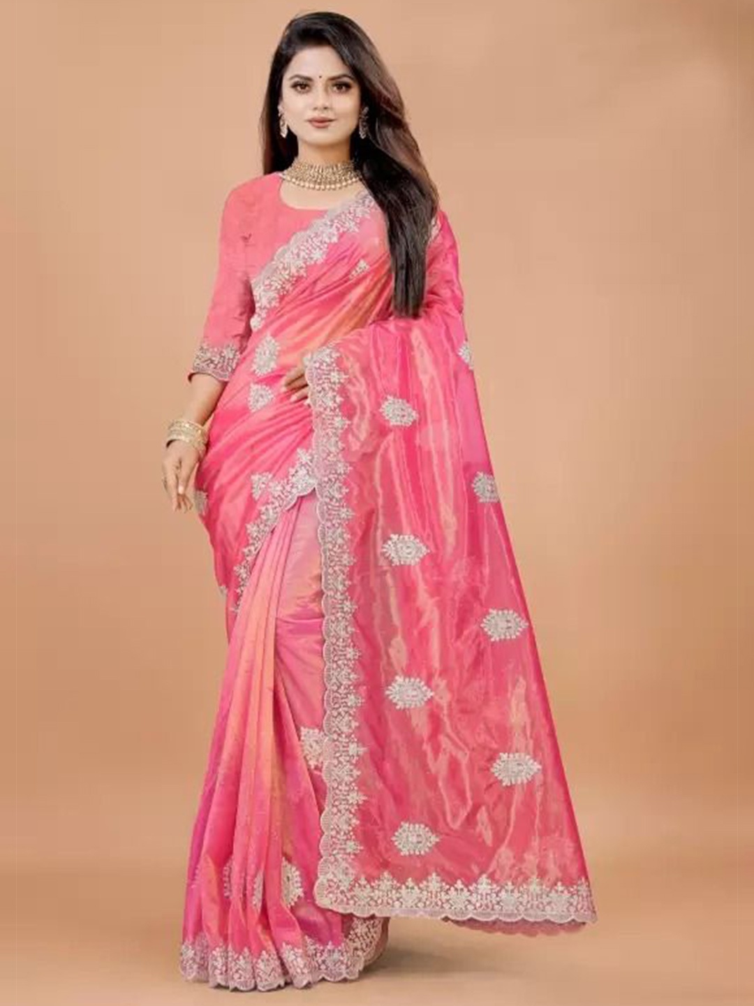 

KALINI Embellished Embroidered Net Fusion Saree, Pink