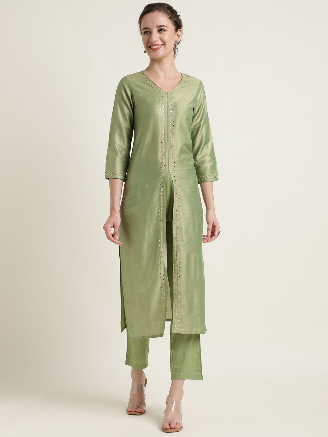 

ZARI Women Embroidered Regular Mirror Work Kurta with Trousers, Green