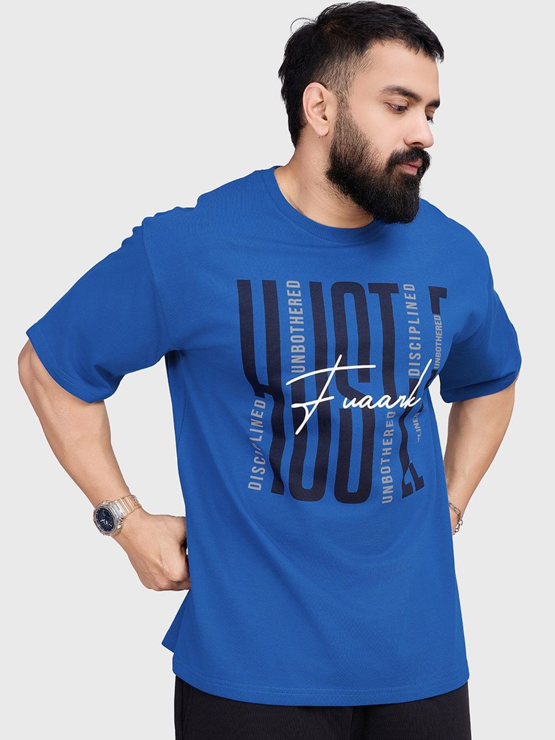 

FUAARK Men Anti Odour Typography Printed Round Neck Cotton Oversized T-shirt, Blue