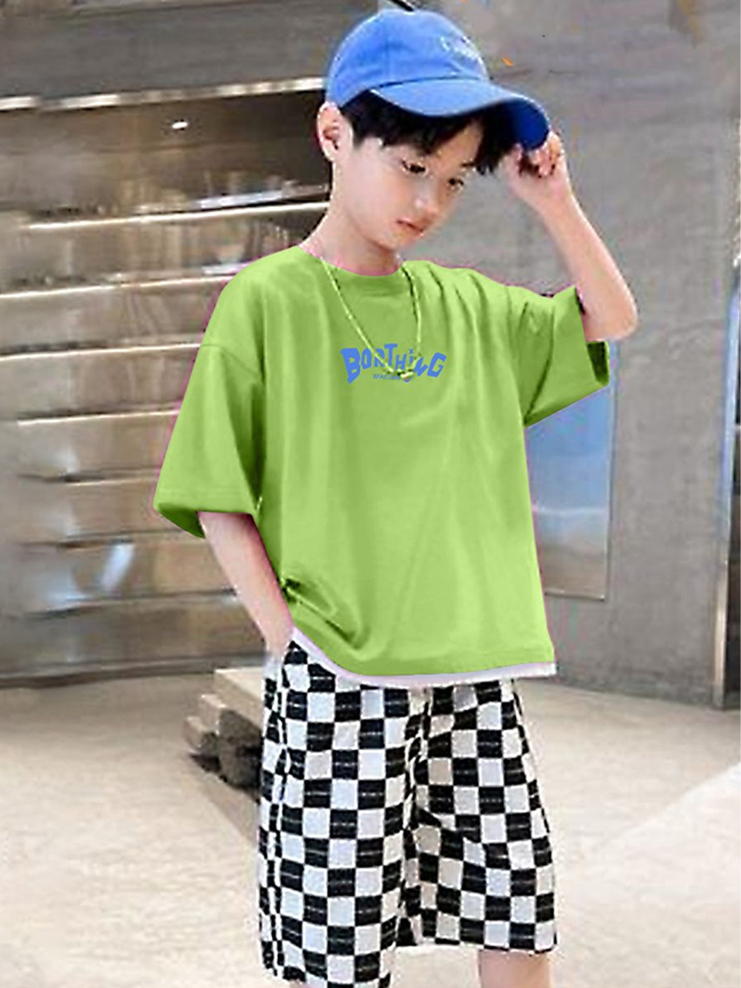 

BILLYBALL Kids Printed Round Neck Pure Cotton T-Shirt With Shorts, Green