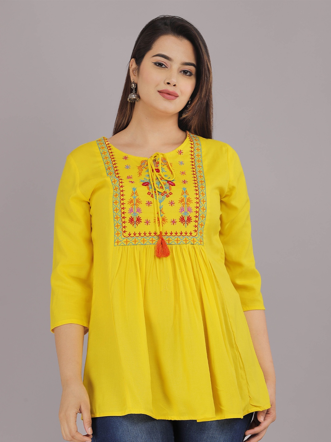 

AVAYAYAT Embroidered Keyhole Neck Top, Yellow